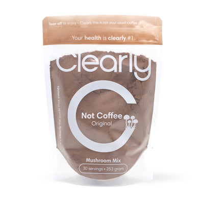 Clearly Not Coffee Original: a transparent pouch of the cacao and mushroom powder, 30 servings, 253 grams